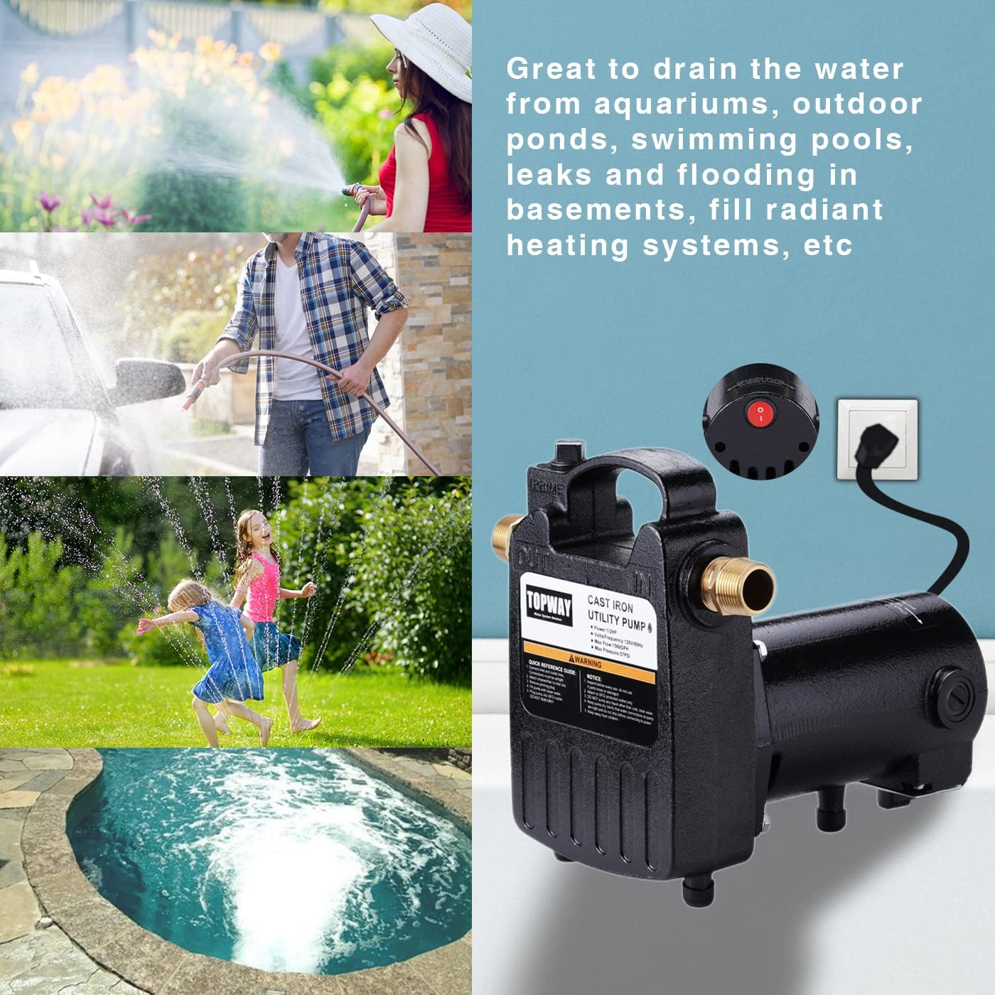 1/2HP Portable Cast Iron Water Pump with On/Off Switch - 1560GPH High Pressure Utility Transfer Pump w/ Hose Connectors & Suction Strainer