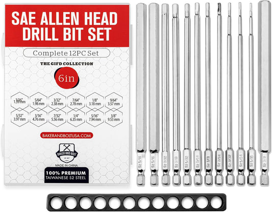 12pc Baker and Bolt 6" Long Hex Head Allen Wrench Drill Bit Set - Impact Ready SAE Set with Storage Case - Hardened S2 Steel Alloy 1/4 Hex Bit Set