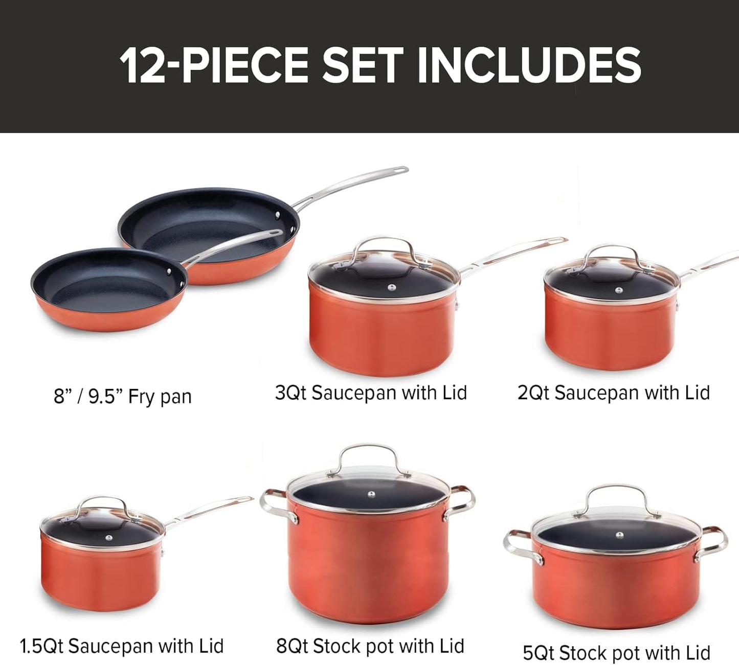 12pc Nuwave Ceramic Cookware Set - Non-Stick, Vented Glass Lids, Induction Compatible, PFAS Free
