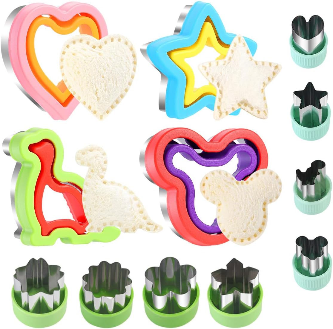 12Pcs Elfkitwang Dinosaur, Heart, and Star Sandwich Cutter and Sealer Set - Child-Friendly Food Grade Vegetable Cookie Mould