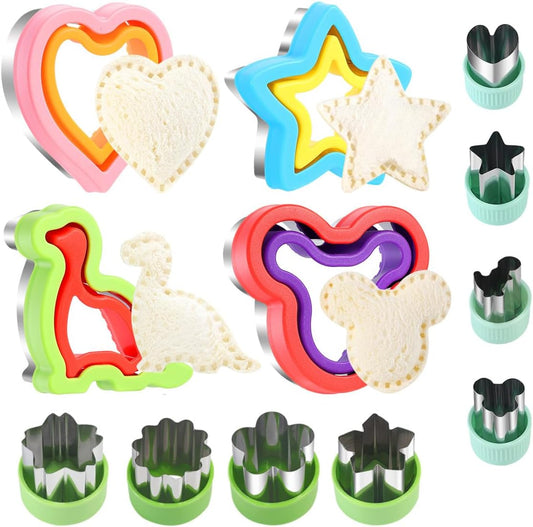 12Pcs Elfkitwang Dinosaur, Heart, and Star Sandwich Cutter and Sealer Set - Child-Friendly Food Grade Vegetable Cookie Mould