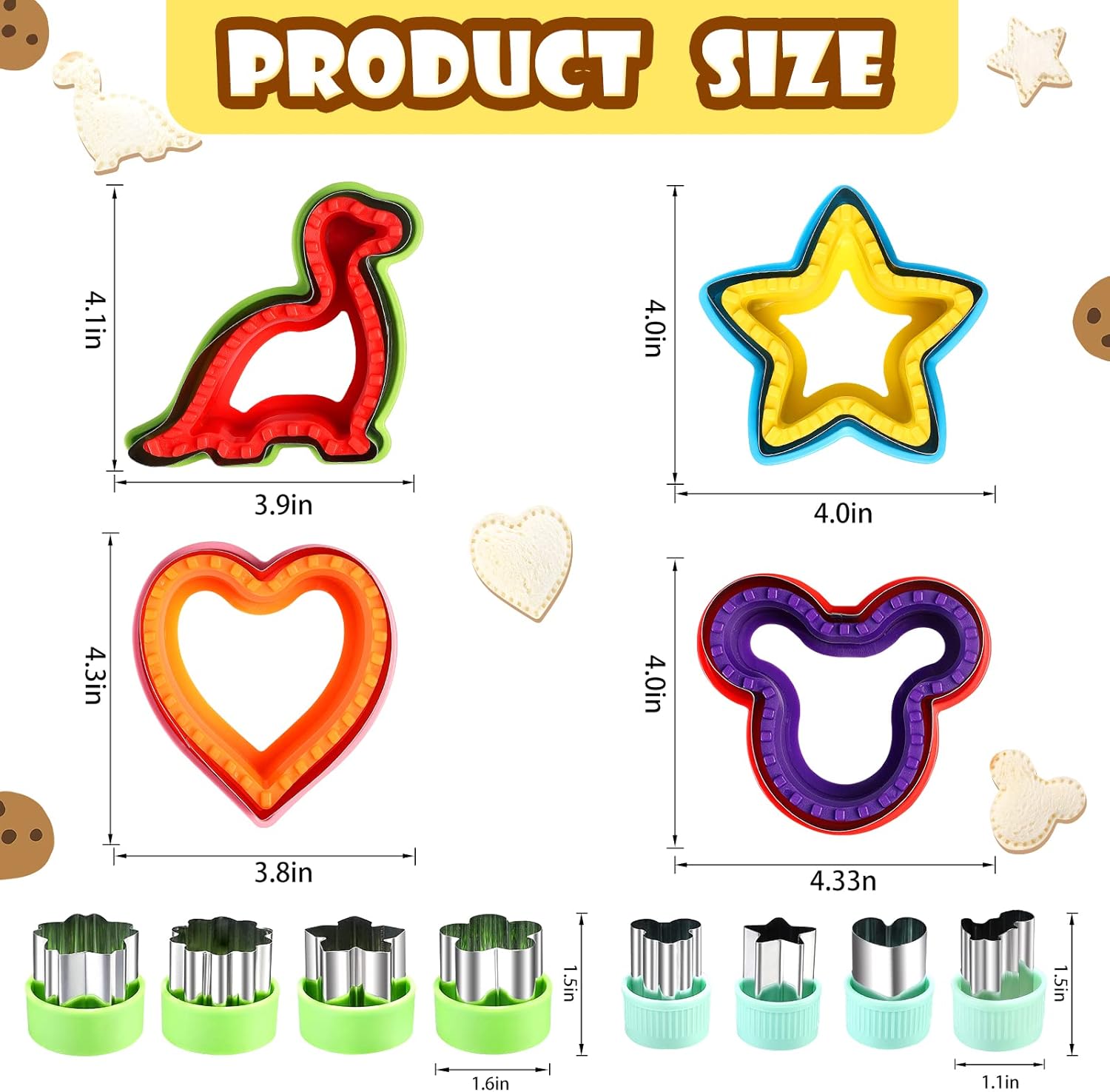 12Pcs Elfkitwang Dinosaur, Heart, and Star Sandwich Cutter and Sealer Set - Child-Friendly Food Grade Vegetable Cookie Mould