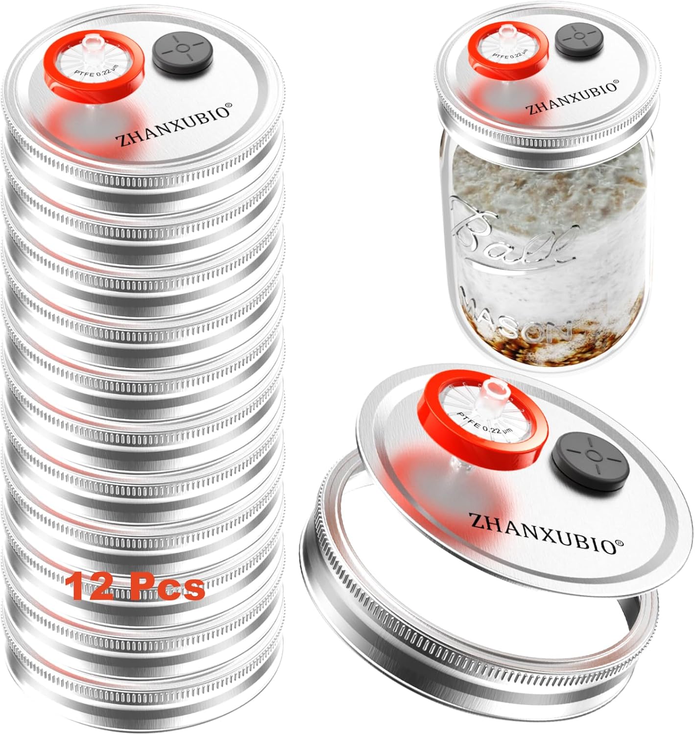 12Pcs Silver Mushroom Jar Lid for Wide Mouth and Regular Mouth Mason Jars - Food Grade Plastic with PTFE Membrane and Injection Ports by ZHANXUBIO