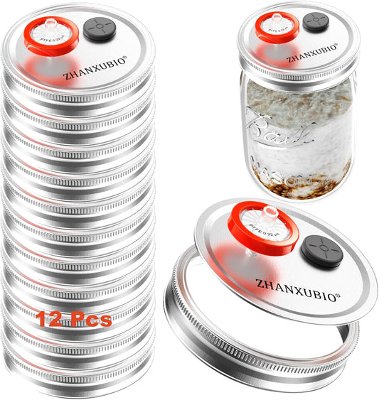 12Pcs Silver Mushroom Jar Lid for Wide Mouth and Regular Mouth Mason Jars - Food Grade Plastic with PTFE Membrane and Injection Ports by ZHANXUBIO