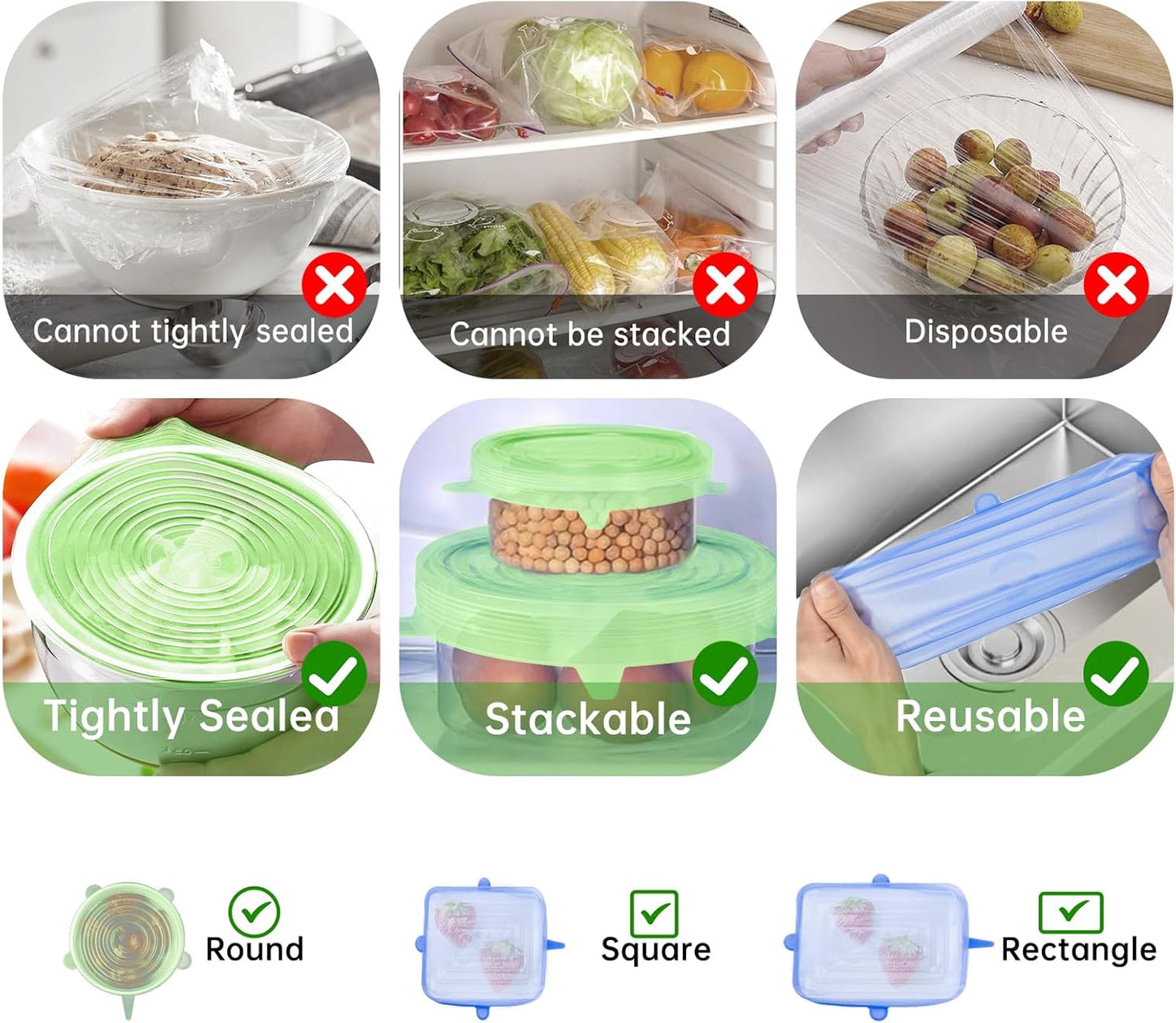 12PCS Soft Silicone Lids Replacement for Snapware Containers - Heat and Cold Resistant