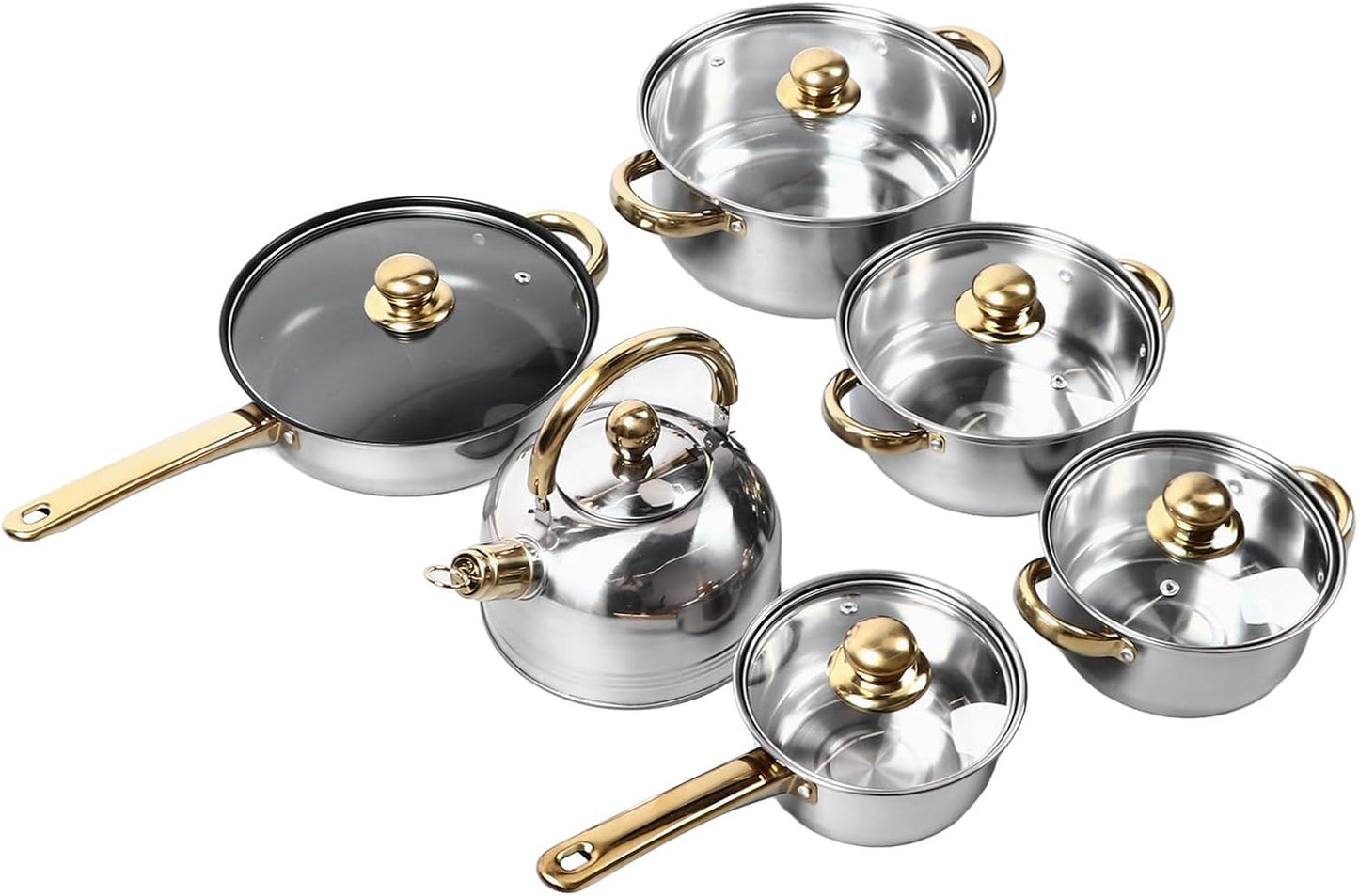 12Pcs Stainless Steel Cookware Set with Golden Handle for Induction, Electric & Gas Cooktops - Easy to Clean Kitchen Pots and Pans