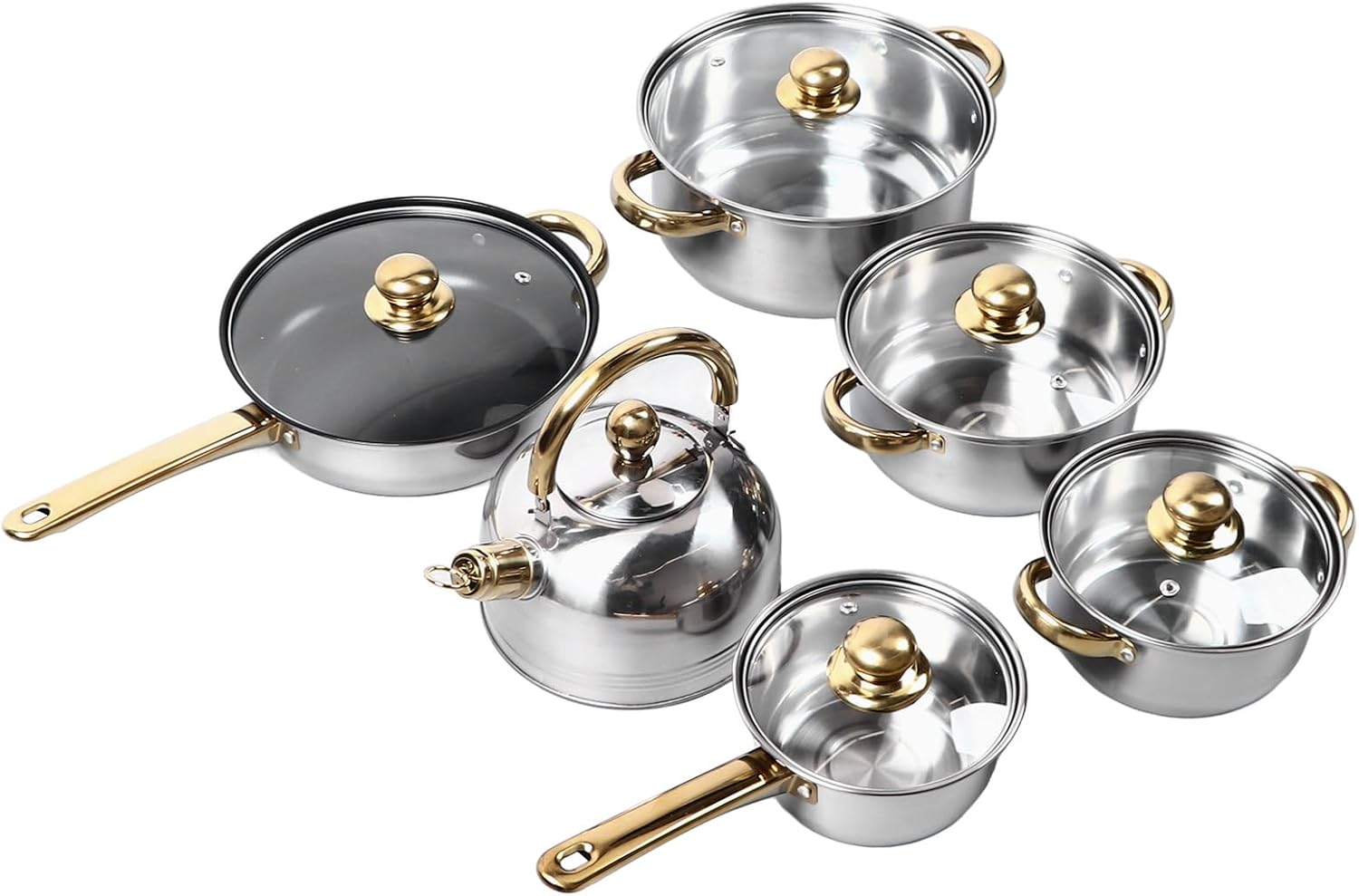 12Pcs Stainless Steel Cookware Set with Golden Handle for Induction, Electric & Gas Cooktops - Easy to Clean Kitchen Pots and Pans