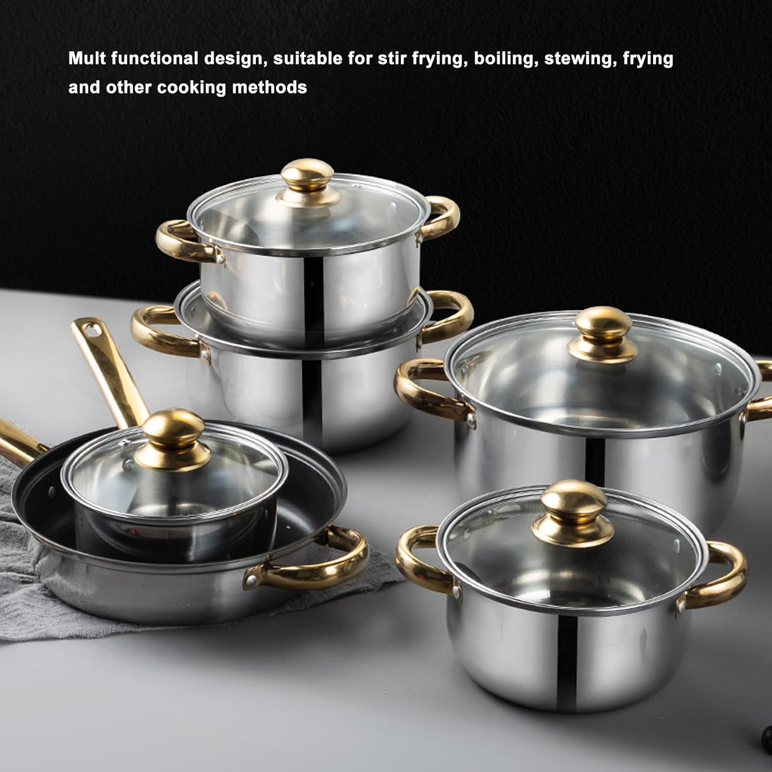 12Pcs Stainless Steel Cookware Set with Golden Handle for Induction, Electric & Gas Cooktops - Easy to Clean Kitchen Pots and Pans