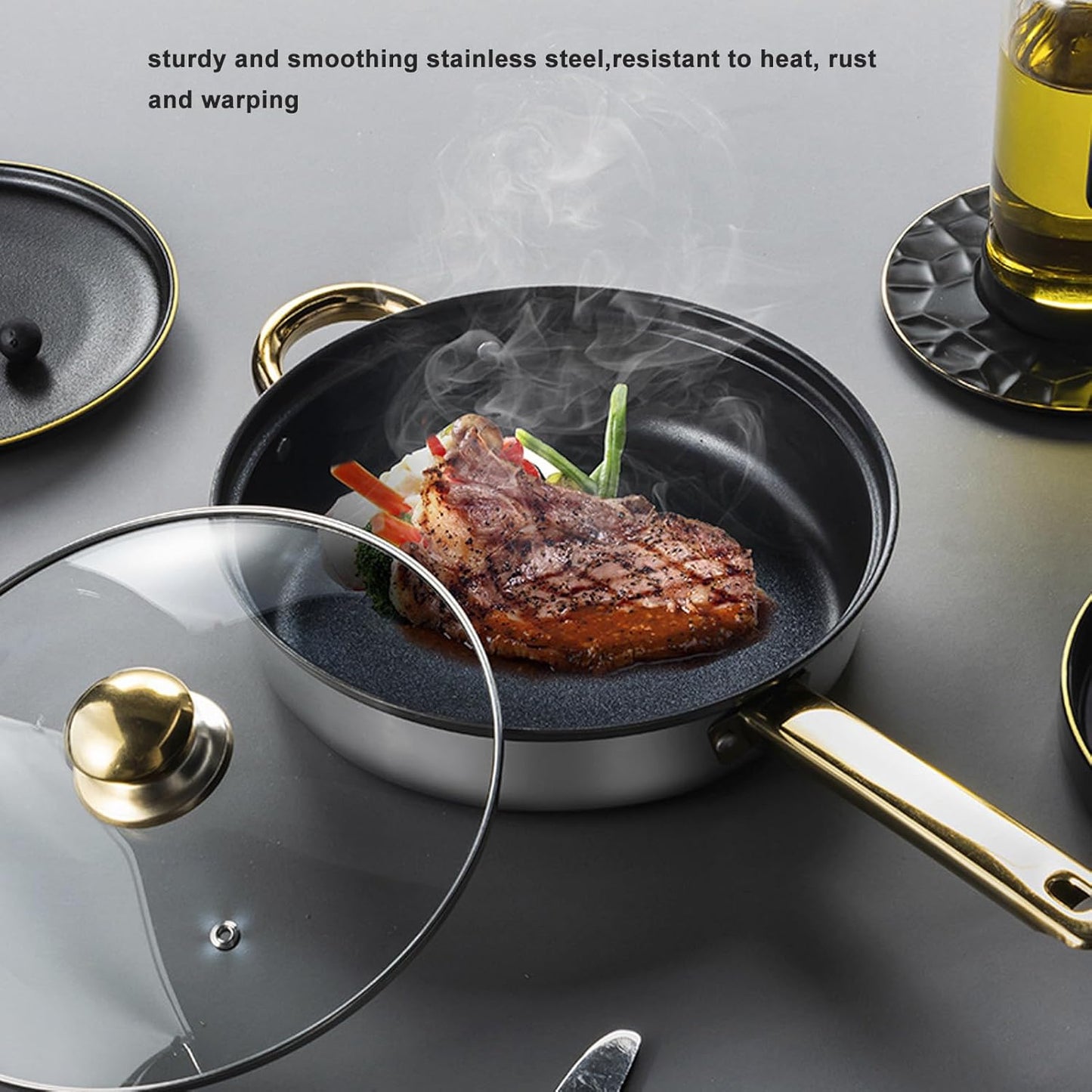 12Pcs Stainless Steel Cookware Set with Golden Handle for Induction, Electric & Gas Cooktops - Easy to Clean Kitchen Pots and Pans