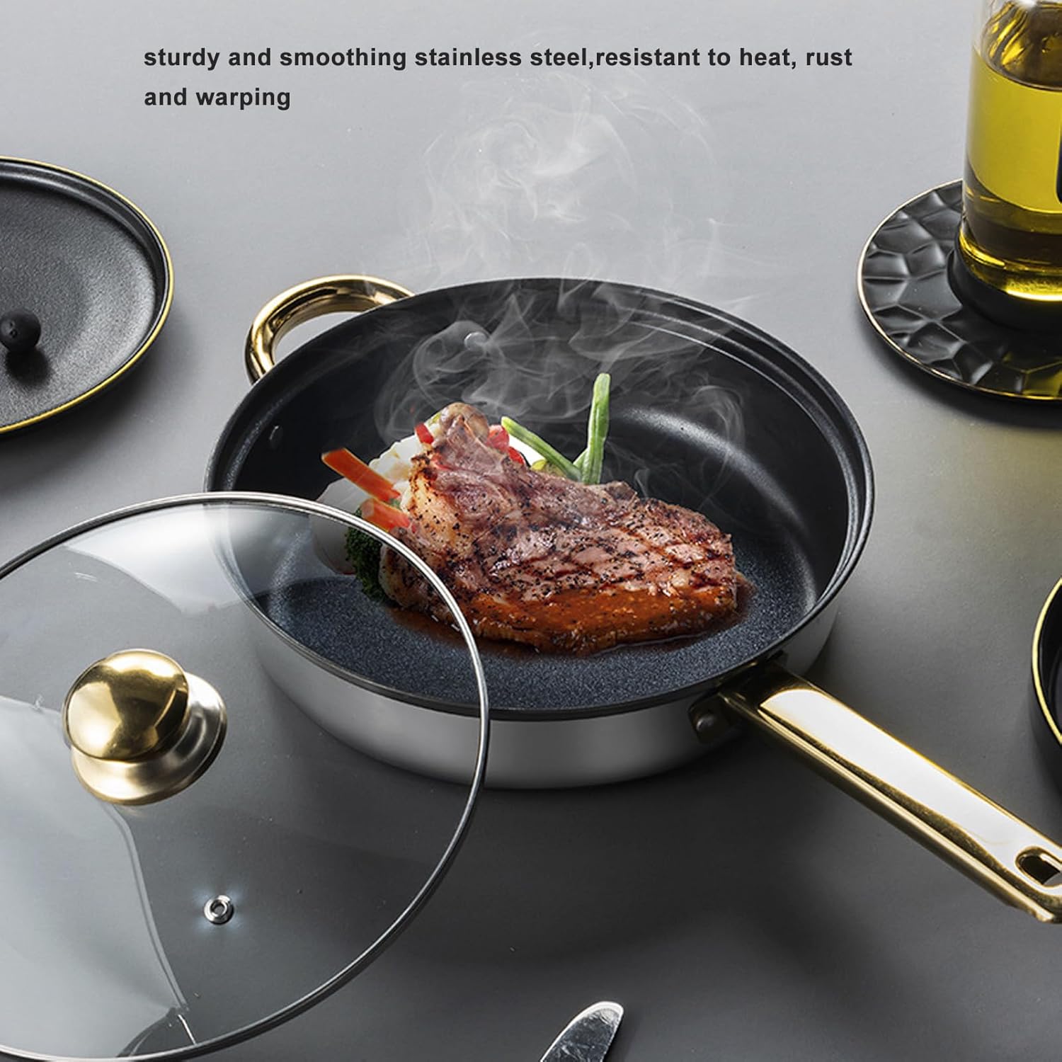 12Pcs Stainless Steel Cookware Set with Golden Handle for Induction, Electric & Gas Cooktops - Easy to Clean Kitchen Pots and Pans