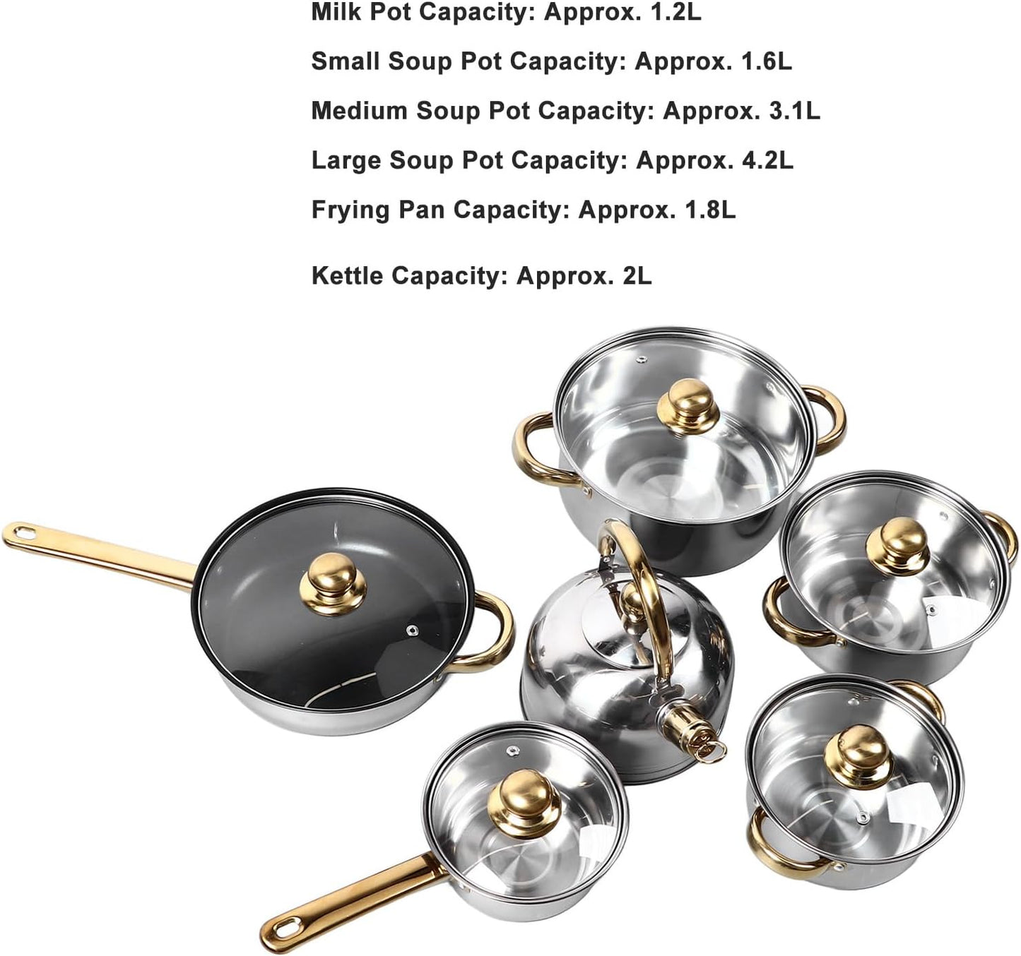 12Pcs Stainless Steel Cookware Set with Golden Handle for Induction, Electric & Gas Cooktops - Easy to Clean Kitchen Pots and Pans