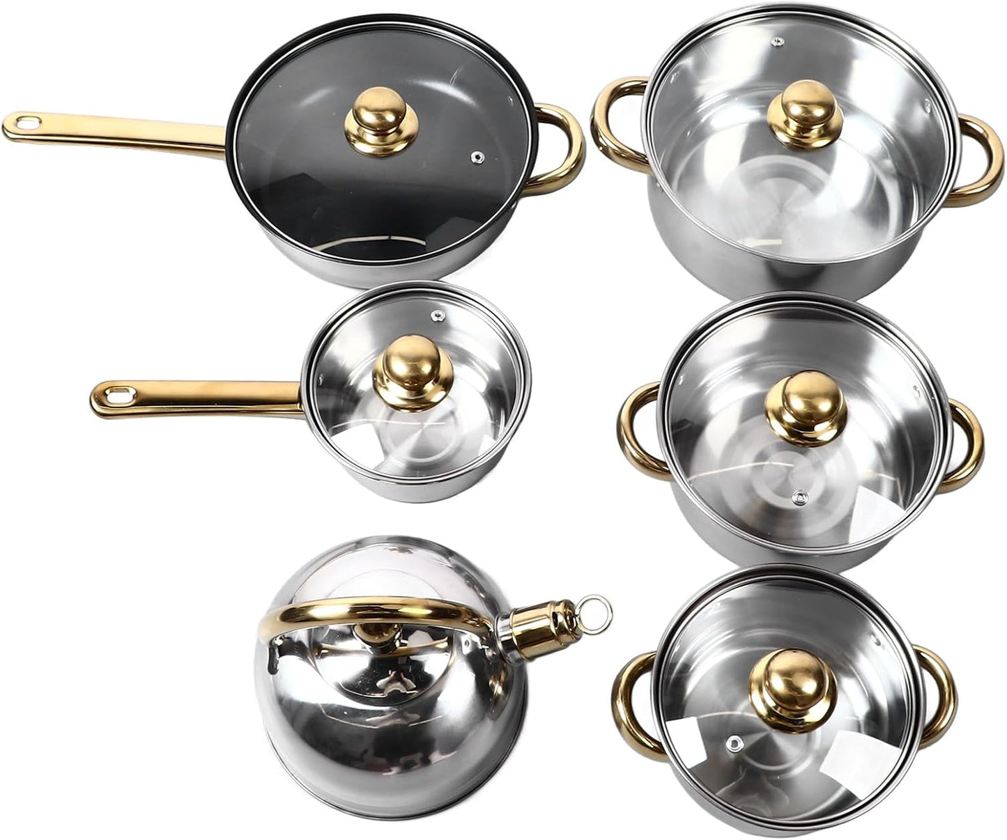 12Pcs Stainless Steel Cookware Set with Golden Handle for Induction, Electric & Gas Cooktops - Easy to Clean Kitchen Pots and Pans