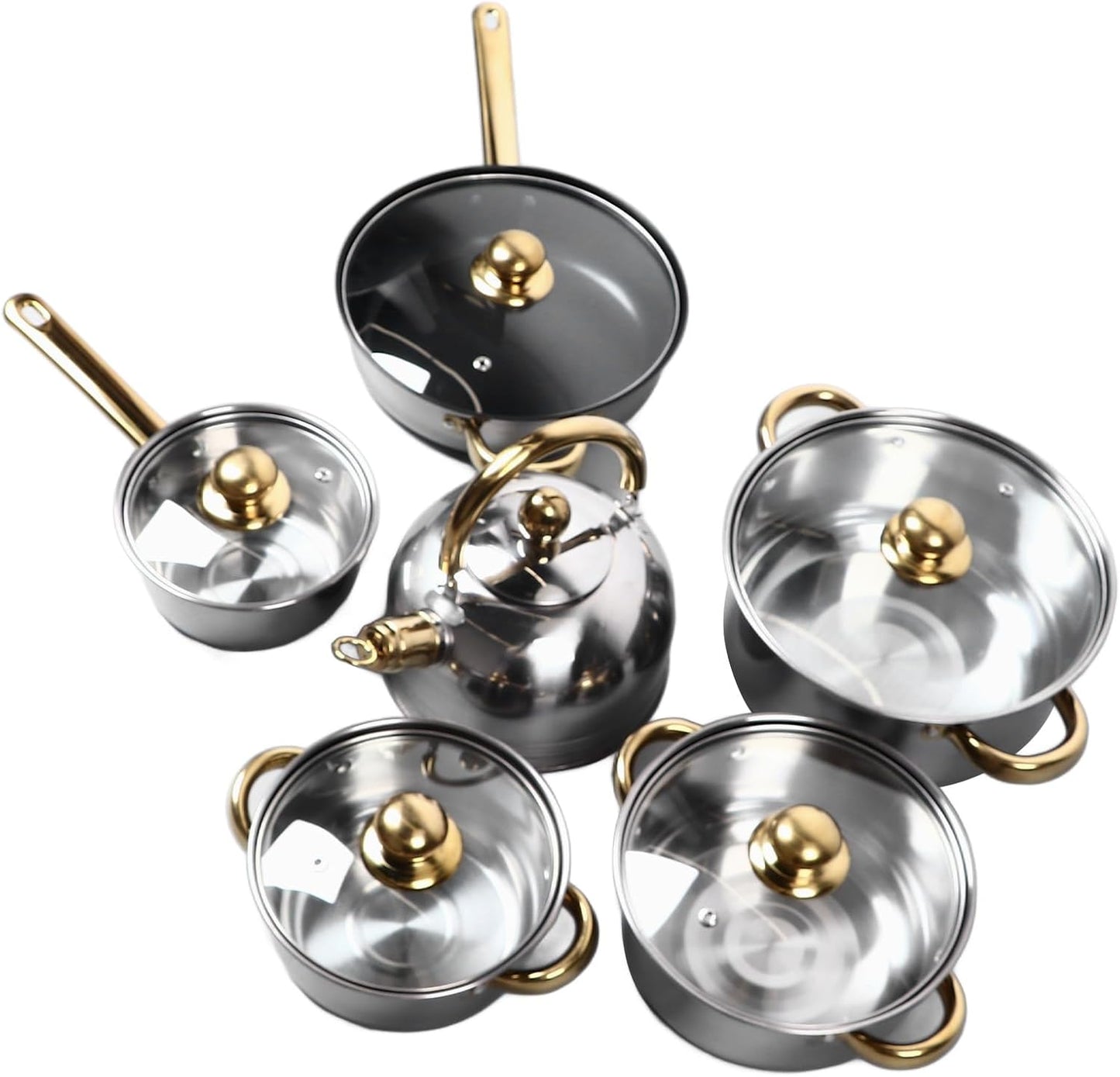 12Pcs Stainless Steel Cookware Set with Golden Handle for Induction, Electric & Gas Cooktops - Easy to Clean Kitchen Pots and Pans