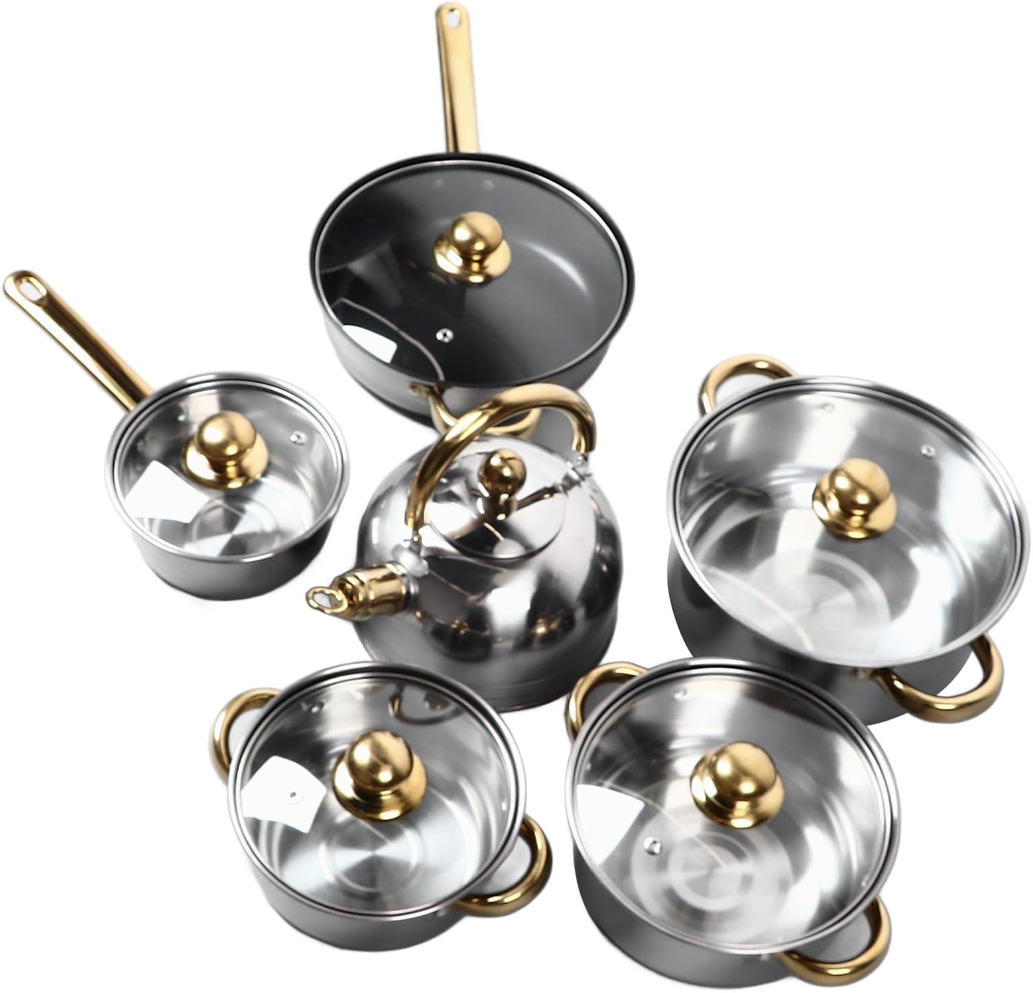12Pcs Stainless Steel Cookware Set with Golden Handle for Induction, Electric & Gas Cooktops - Easy to Clean Kitchen Pots and Pans