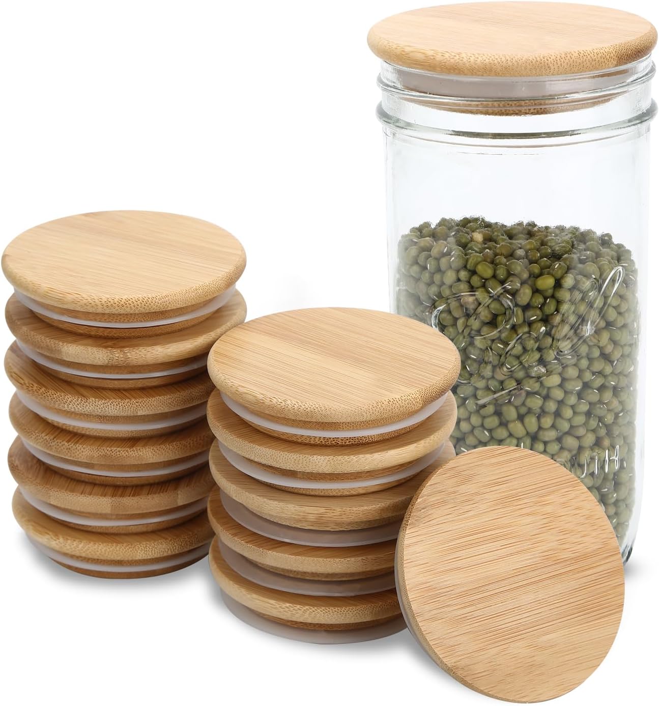 12PCS Wide Acacia Wooden Mason Jar Lids with Silicone Sealing for Wide Mouth Jars - Reusable & Airtight Canning Lids