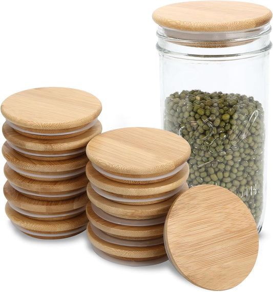 12PCS Wide Acacia Wooden Mason Jar Lids with Silicone Sealing for Wide Mouth Jars - Reusable & Airtight Canning Lids
