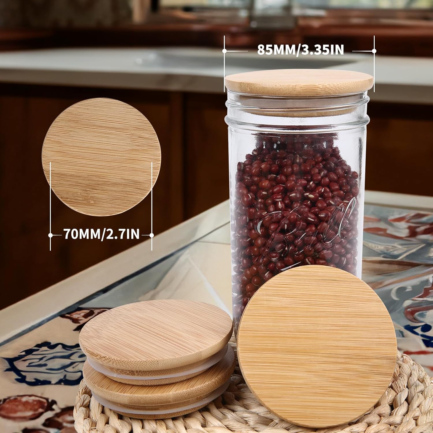 12PCS Wide Acacia Wooden Mason Jar Lids with Silicone Sealing for Wide Mouth Jars - Reusable & Airtight Canning Lids