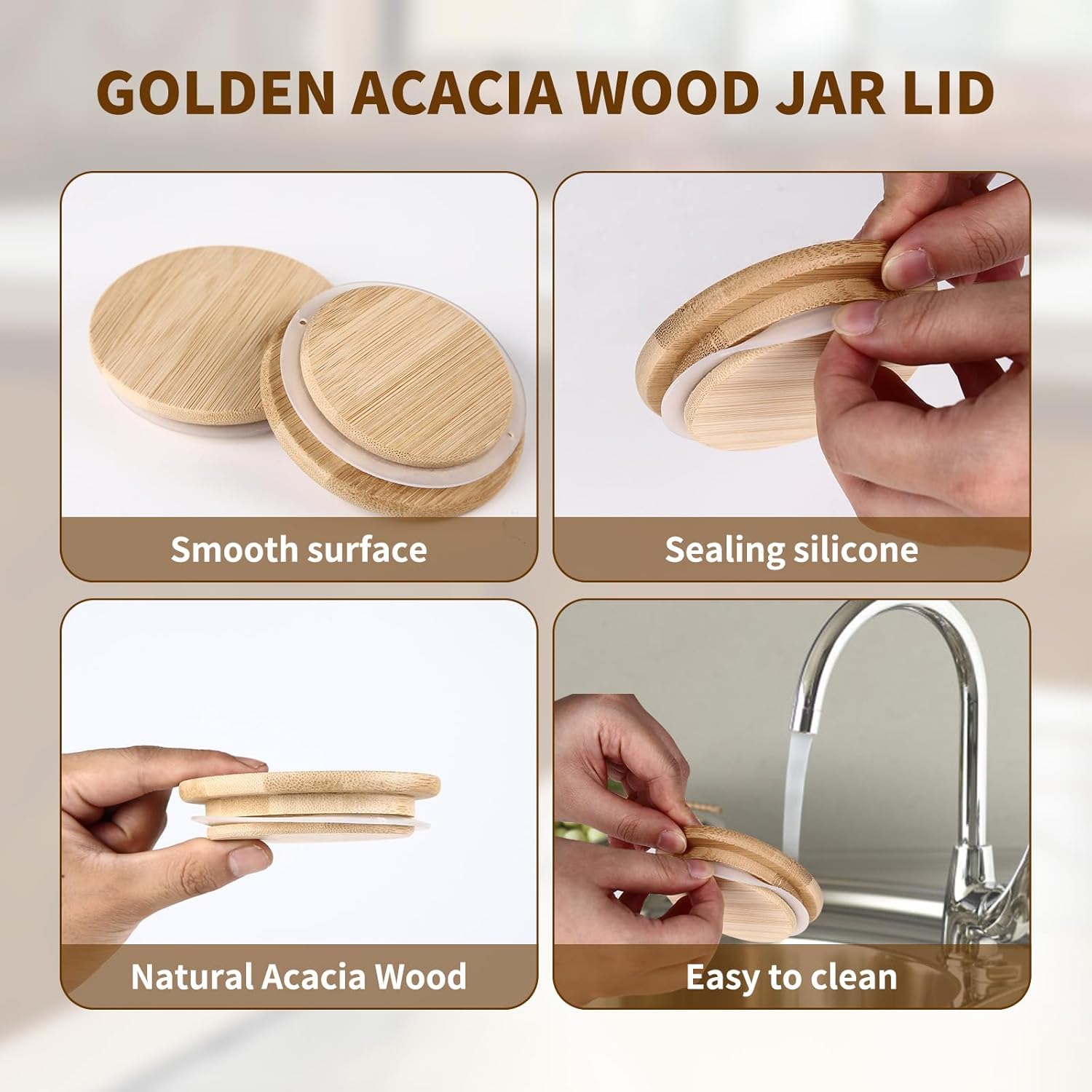 12PCS Wide Acacia Wooden Mason Jar Lids with Silicone Sealing for Wide Mouth Jars - Reusable & Airtight Canning Lids