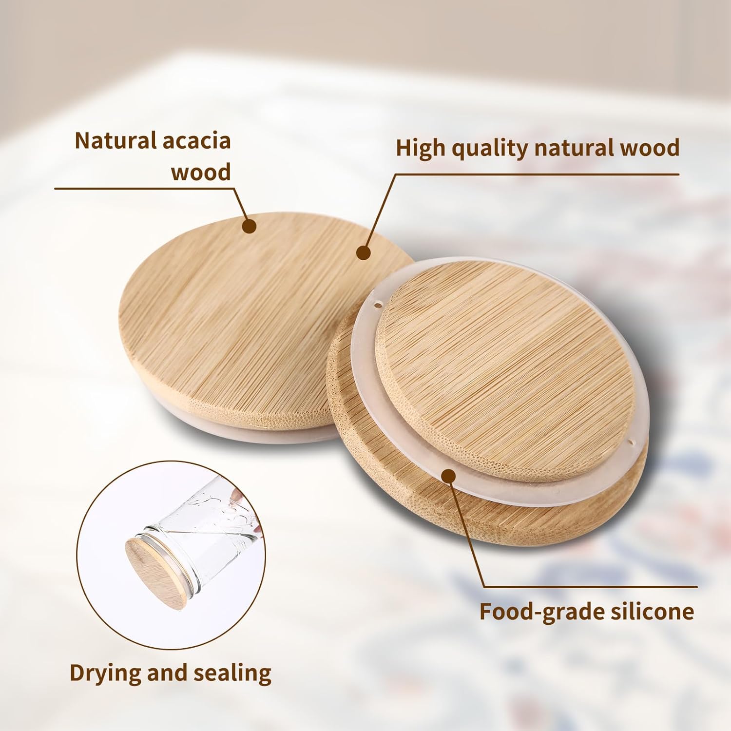 12PCS Wide Acacia Wooden Mason Jar Lids with Silicone Sealing for Wide Mouth Jars - Reusable & Airtight Canning Lids