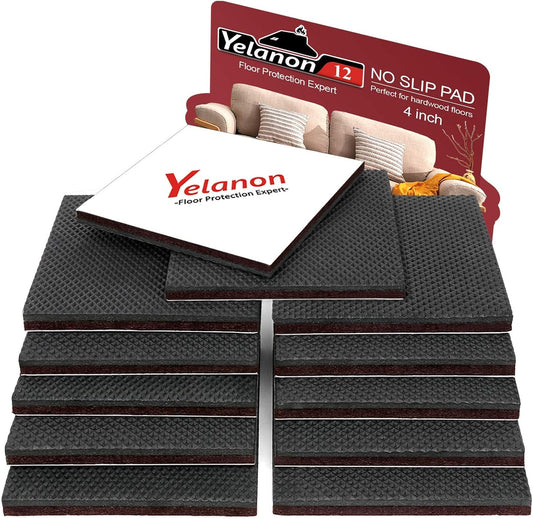 12pcs Yelanon Non Slip Furniture Pads - 4" Furniture Grippers for Hardwood Floors - Self Adhesive Rubber Feet for Anti Slide Protection - Couch Stoppers for Furniture Legs