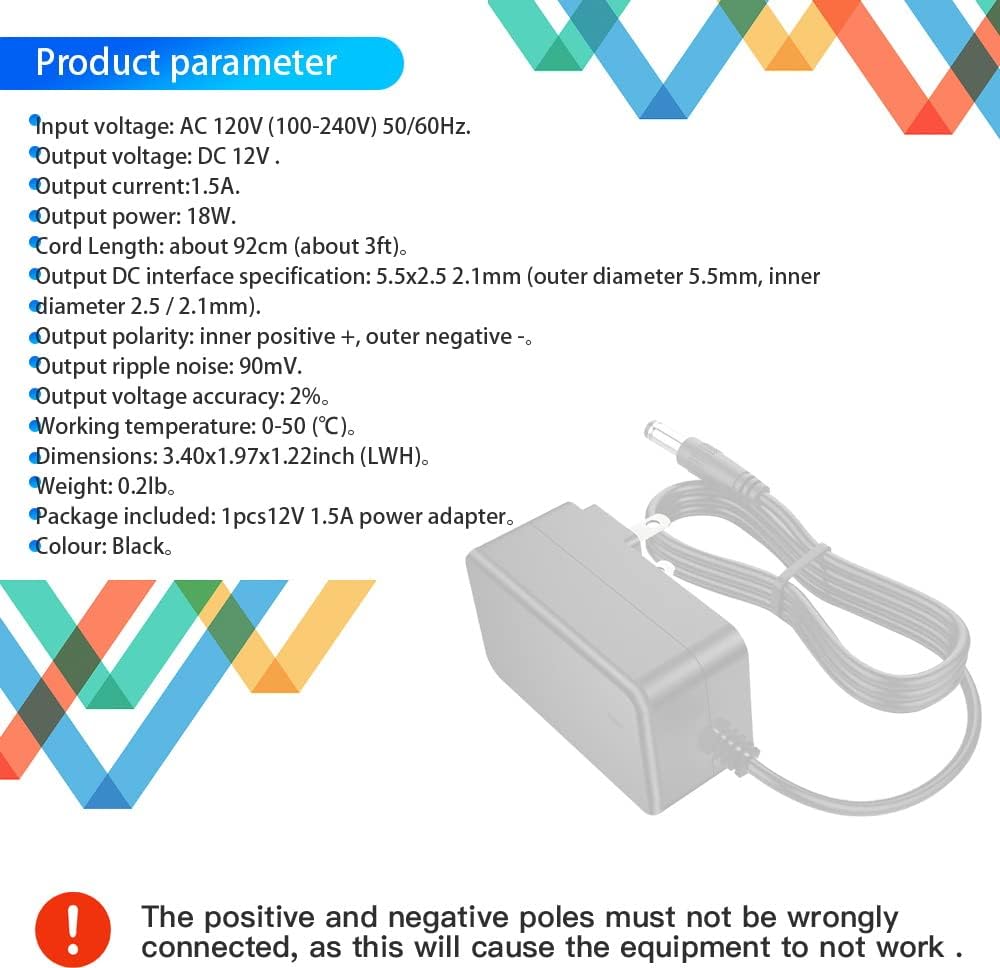 12V 1.5A AC/DC Power Supply Adapter with Power Cord Plug for LED Light Motor Fan Router CCTV - 18W 100-240V AC to DC 12V Transformer
