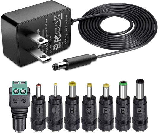 12V 1A AC Adapter Charger Replacement with 8 Tips - Regulated Power Supply for LED Strip Light, CCTV Camera, GPS - ETL Certified Transformer