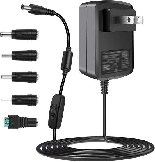 12V 2A DC Power Supply Adapter with Switch for Yamaha Keyboard, Record Player, LED Strip Lights - 100-240Vac to DC 12V 2A 24W Transformer