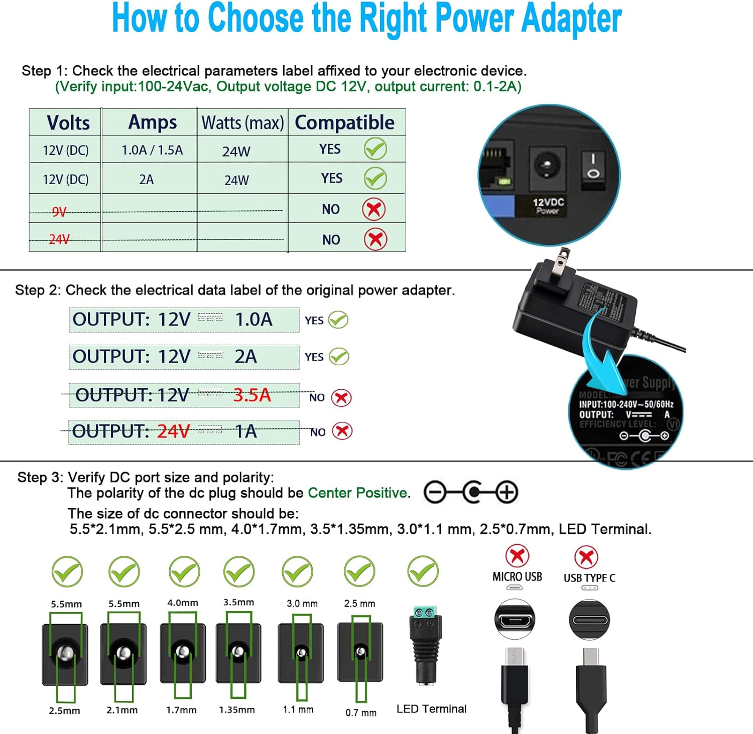 12V 2A DC Power Supply Adapter with Switch for Yamaha Keyboard, Record Player, LED Strip Lights - 100-240Vac to DC 12V 2A 24W Transformer
