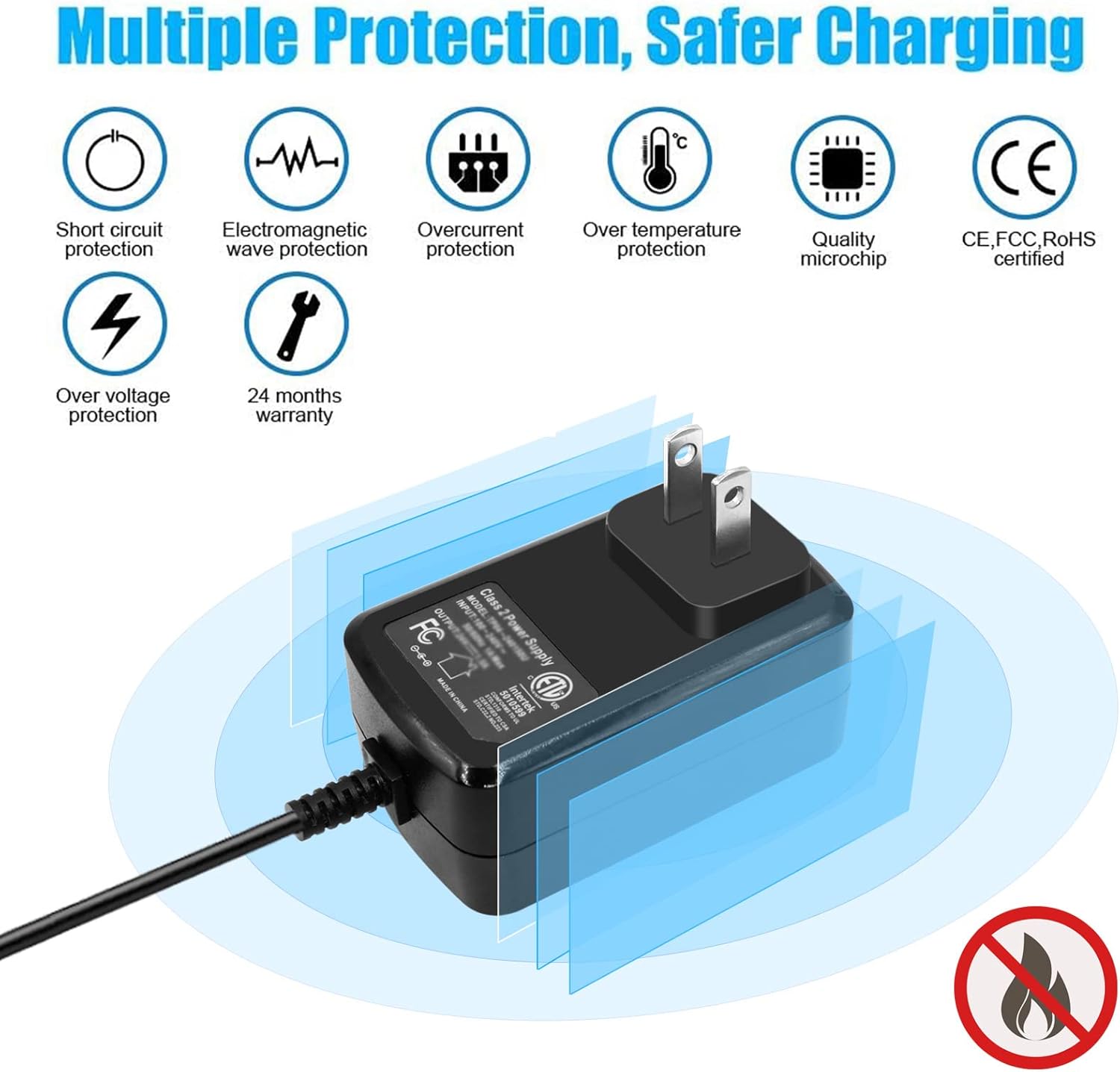 12V 2A DC Power Supply Adapter with Switch for Yamaha Keyboard, Record Player, LED Strip Lights - 100-240Vac to DC 12V 2A 24W Transformer