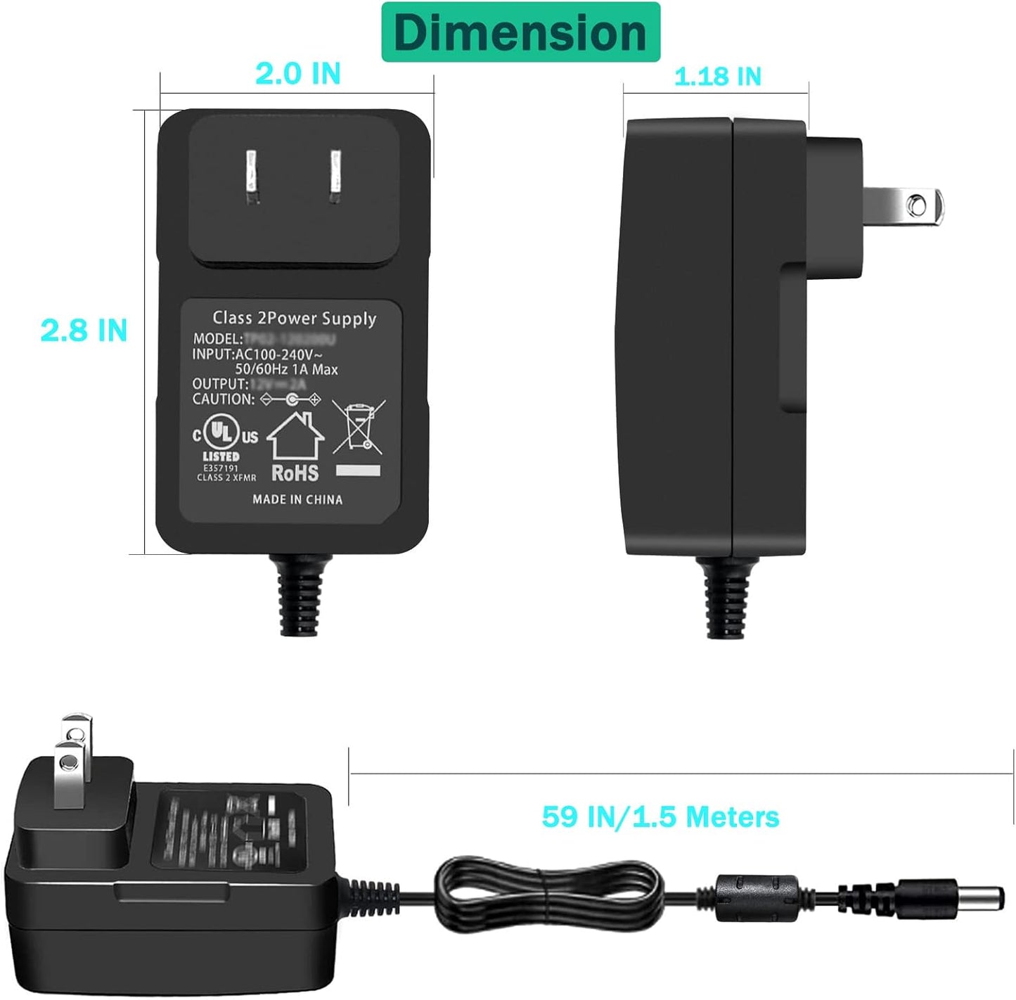 12V 2A DC Power Supply Adapter with Switch for Yamaha Keyboard, Record Player, LED Strip Lights - 100-240Vac to DC 12V 2A 24W Transformer