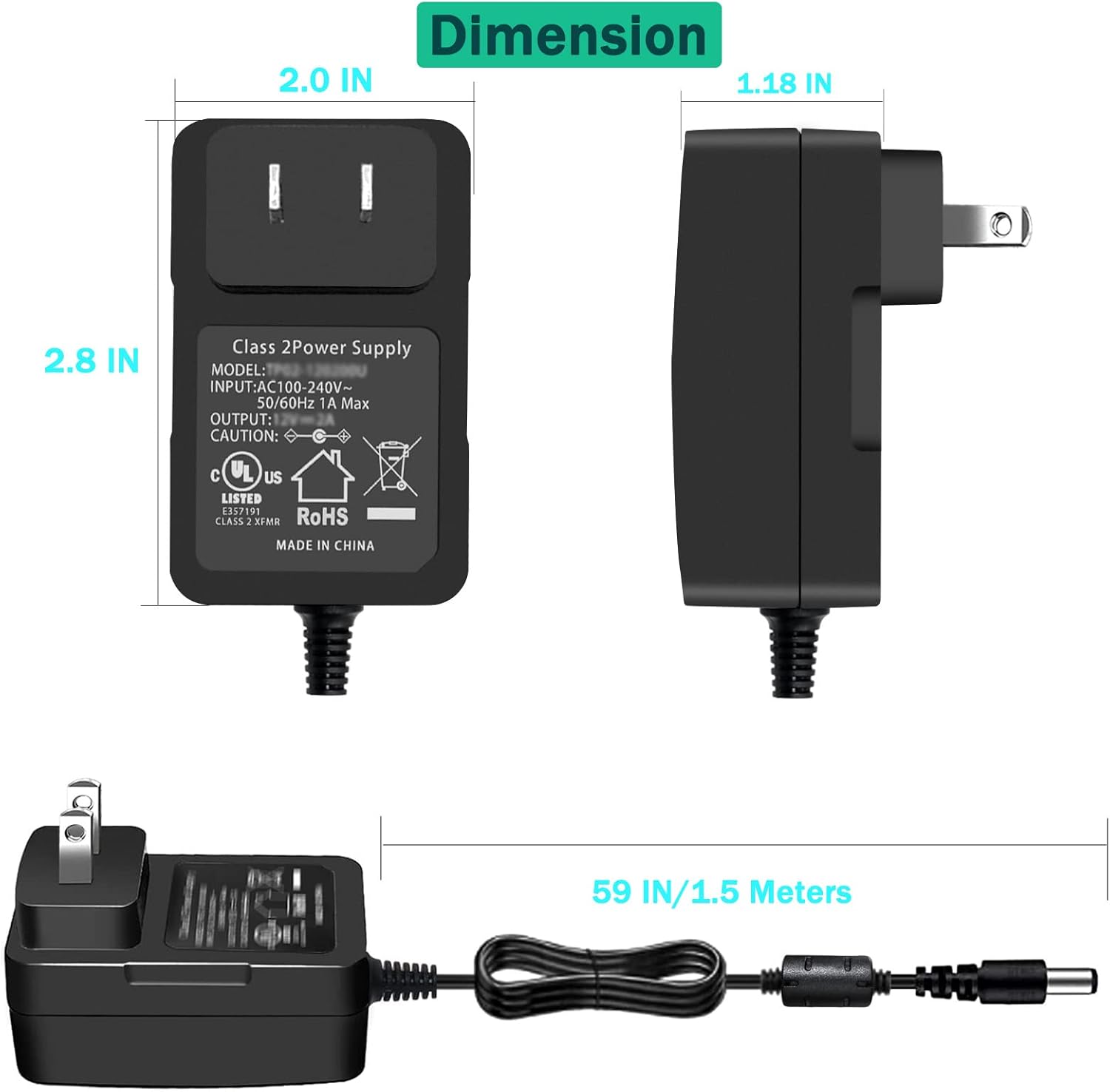 12V 2A DC Power Supply Adapter with Switch for Yamaha Keyboard, Record Player, LED Strip Lights - 100-240Vac to DC 12V 2A 24W Transformer