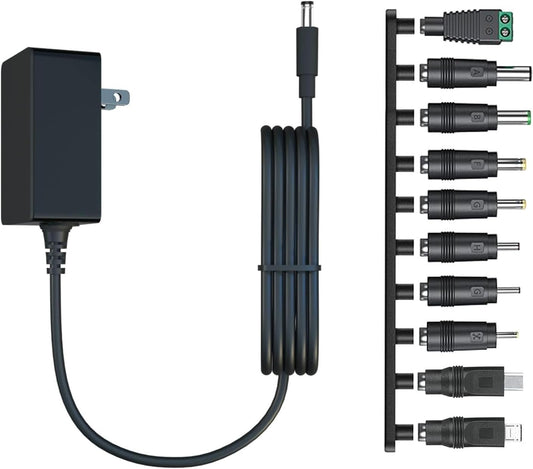 12V 2A Power Supply AC Adapter with 10 Tips, Regulated 12 Volts 2000mA Replacement Charger Cord - Ideal for LED Strip Light, CCTV Camera, BT Speaker, GPS, Webcam, Router - DC 12V Transformer (6ft)