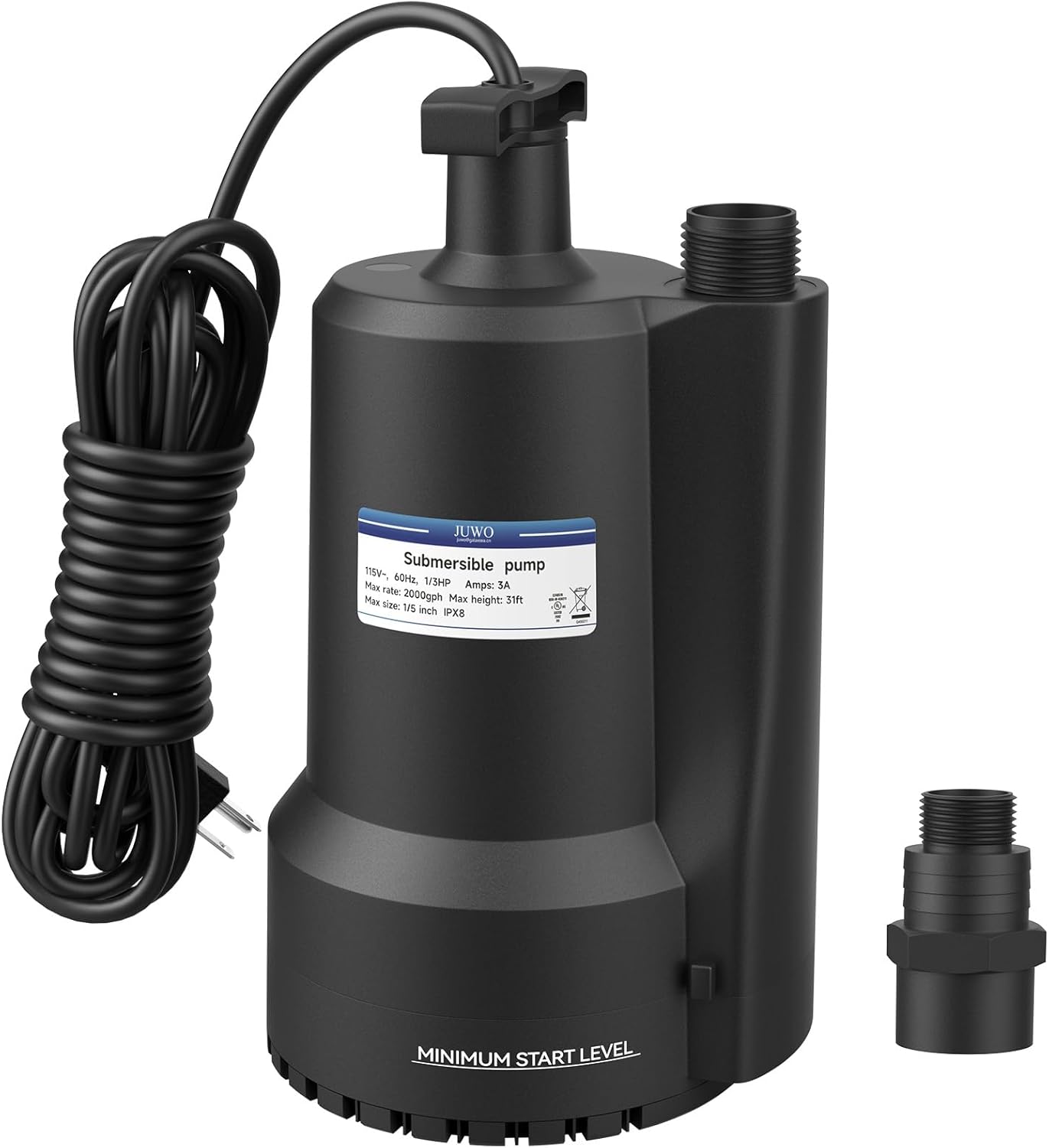 1/3 HP JUWO Submersible Sump Pump - 2000GPH Thermoplastic Electric Water Pump for Swimming Pool, Tub, Basement, Garden Pond - Portable Utility Pump with 10ft Cord