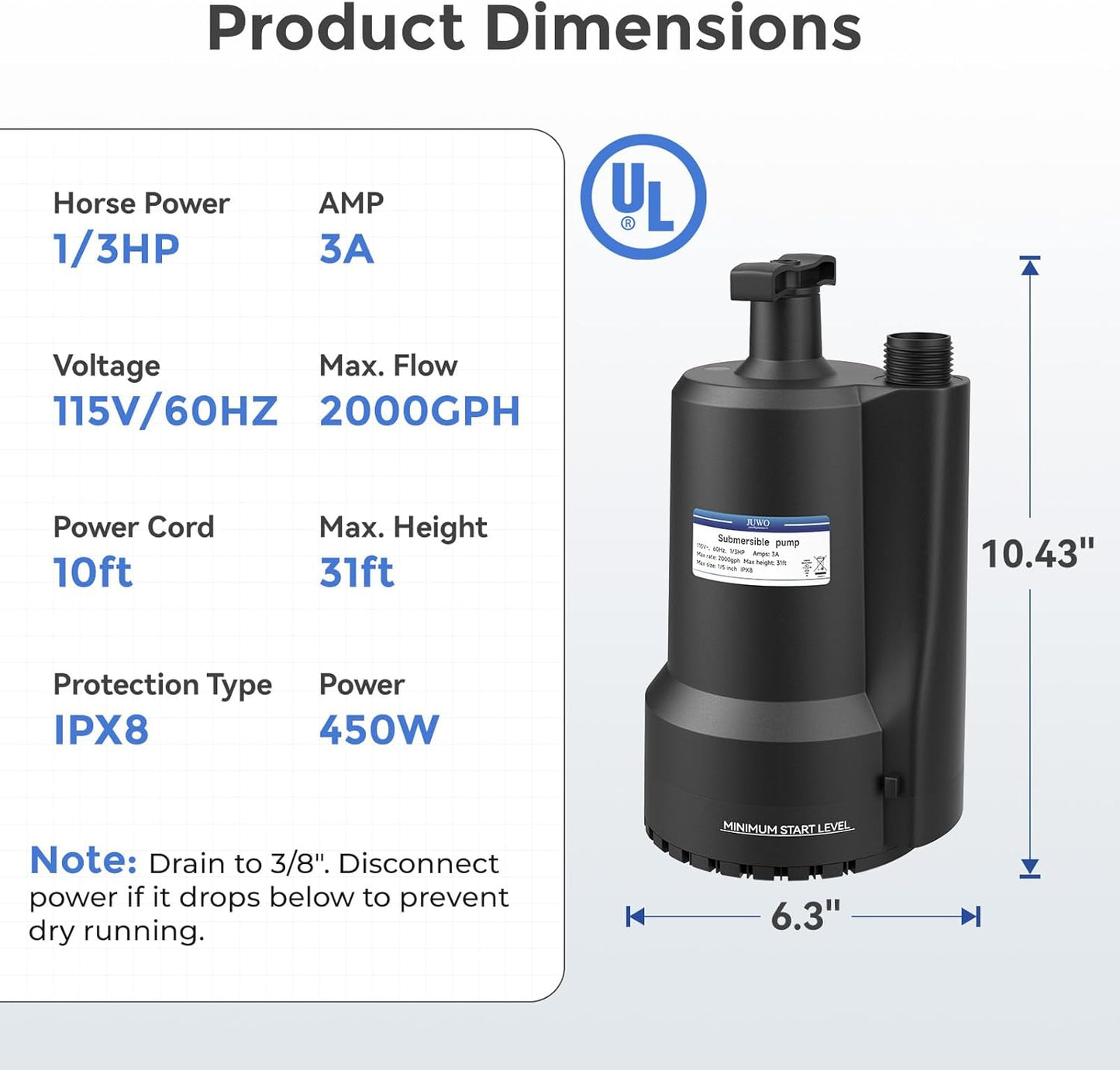 1/3 HP JUWO Submersible Sump Pump - 2000GPH Thermoplastic Electric Water Pump for Swimming Pool, Tub, Basement, Garden Pond - Portable Utility Pump with 10ft Cord