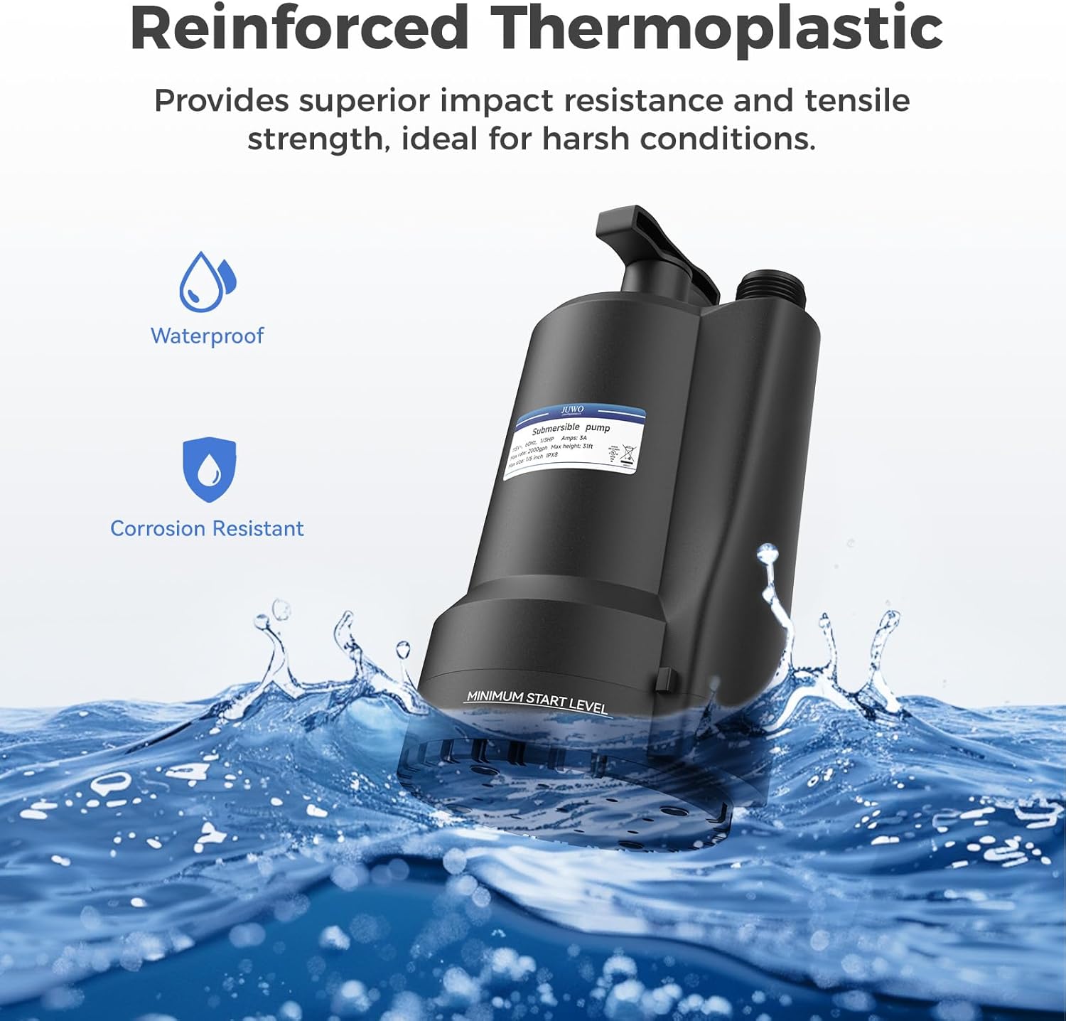 1/3 HP JUWO Submersible Sump Pump - 2000GPH Thermoplastic Electric Water Pump for Swimming Pool, Tub, Basement, Garden Pond - Portable Utility Pump with 10ft Cord