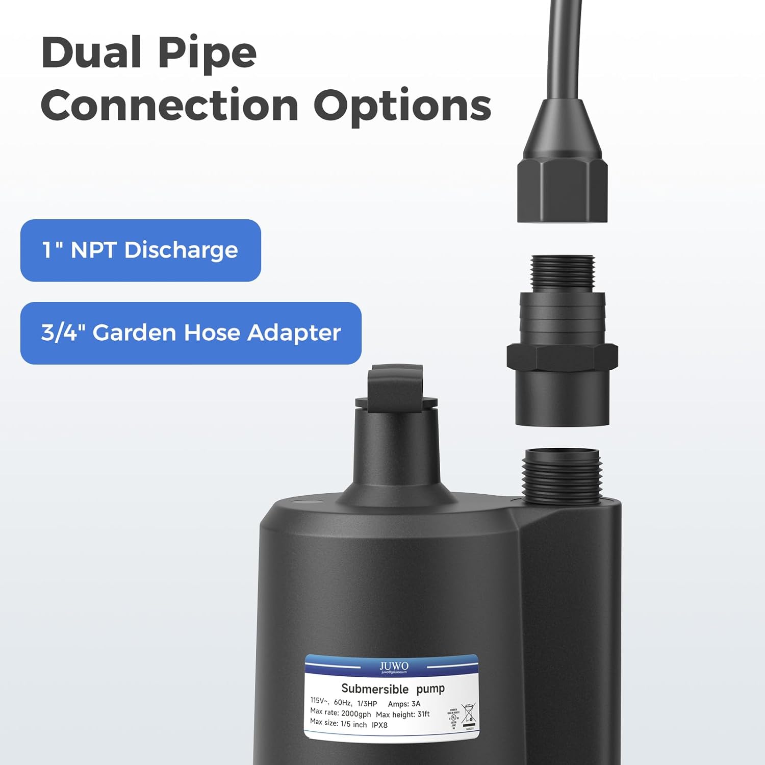 1/3 HP JUWO Submersible Sump Pump - 2000GPH Thermoplastic Electric Water Pump for Swimming Pool, Tub, Basement, Garden Pond - Portable Utility Pump with 10ft Cord