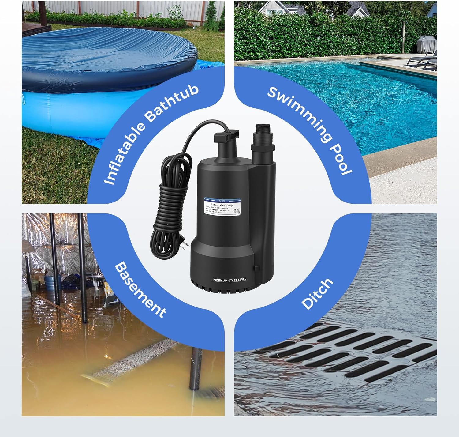 1/3 HP JUWO Submersible Sump Pump - 2000GPH Thermoplastic Electric Water Pump for Swimming Pool, Tub, Basement, Garden Pond - Portable Utility Pump with 10ft Cord