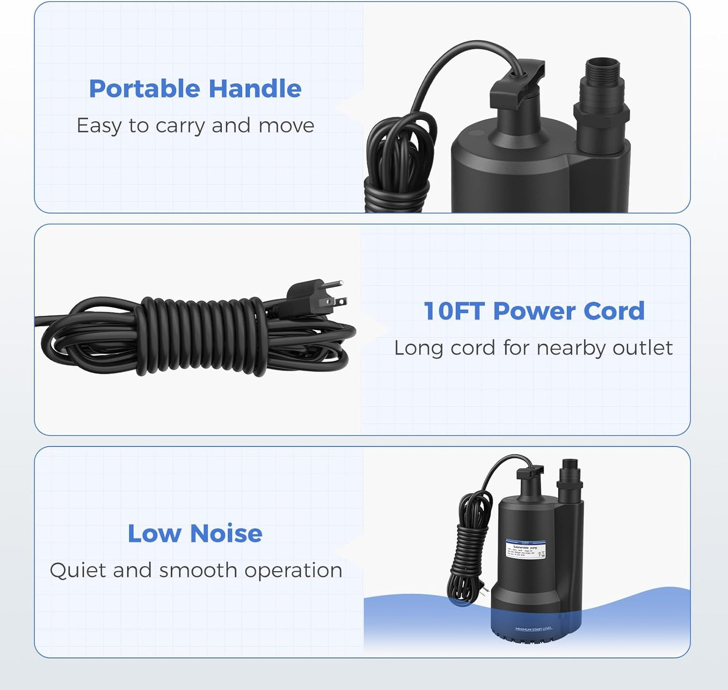 1/3 HP JUWO Submersible Sump Pump - 2000GPH Thermoplastic Electric Water Pump for Swimming Pool, Tub, Basement, Garden Pond - Portable Utility Pump with 10ft Cord