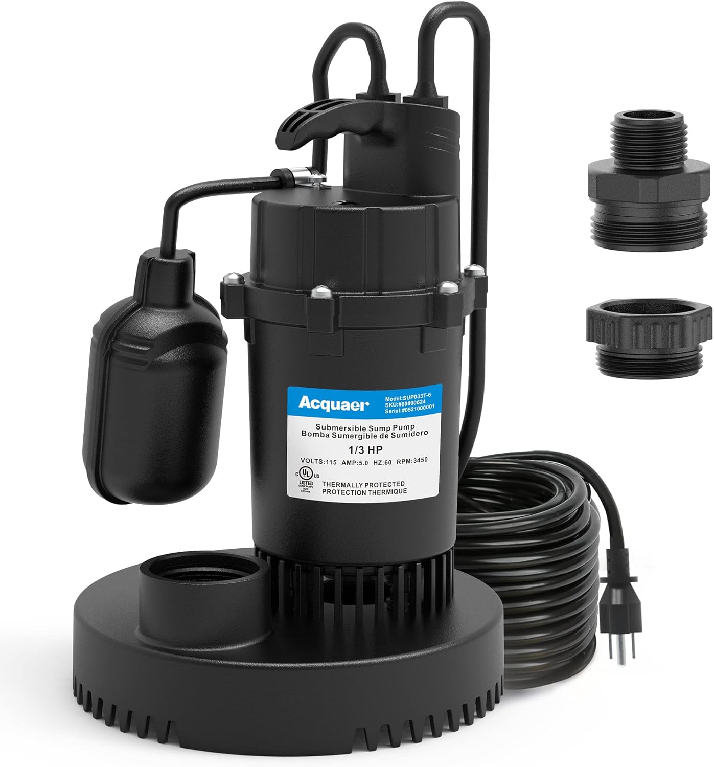1/3 HP Submersible Sump Pump - 3040 GPH with Automatic Float Switch and 10ft Cord - Ideal for Basement, Pool, Pond, Drain, Flooded Cellar, Aquarium, and Irrigation - Acquaer