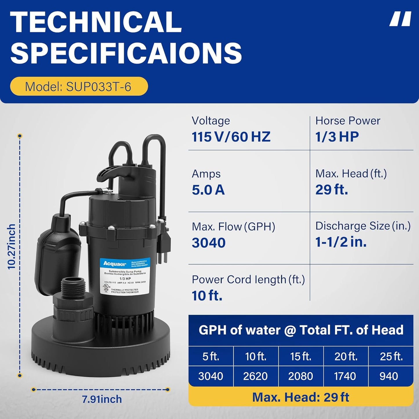 1/3 HP Submersible Sump Pump - 3040 GPH with Automatic Float Switch and 10ft Cord - Ideal for Basement, Pool, Pond, Drain, Flooded Cellar, Aquarium, and Irrigation - Acquaer