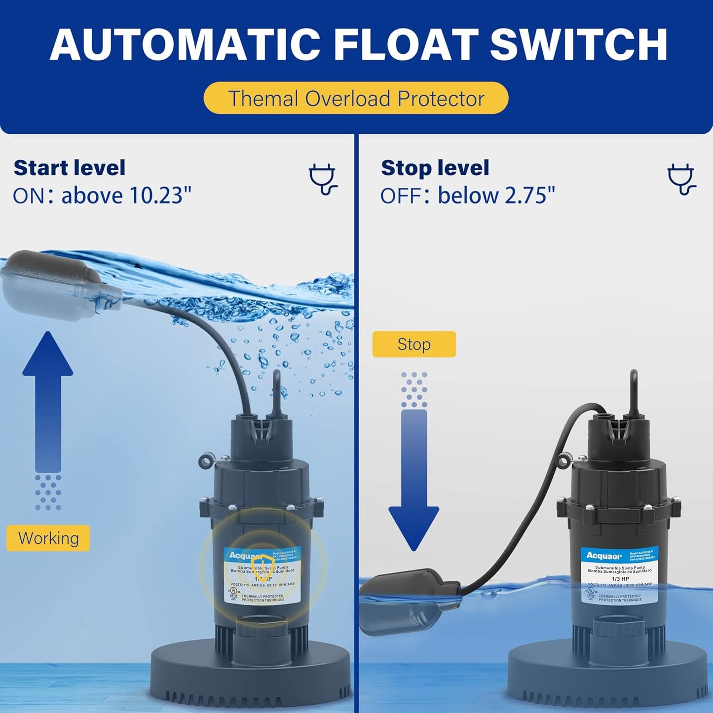 1/3 HP Submersible Sump Pump - 3040 GPH with Automatic Float Switch and 10ft Cord - Ideal for Basement, Pool, Pond, Drain, Flooded Cellar, Aquarium, and Irrigation - Acquaer