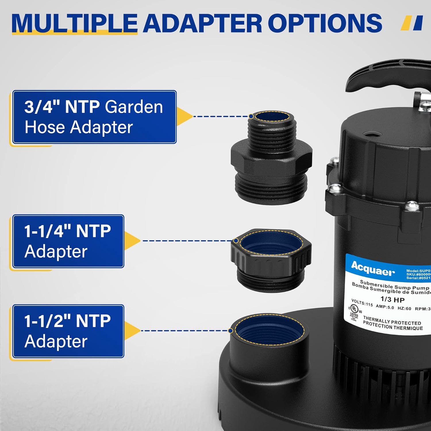 1/3 HP Submersible Sump Pump - 3040 GPH with Automatic Float Switch and 10ft Cord - Ideal for Basement, Pool, Pond, Drain, Flooded Cellar, Aquarium, and Irrigation - Acquaer