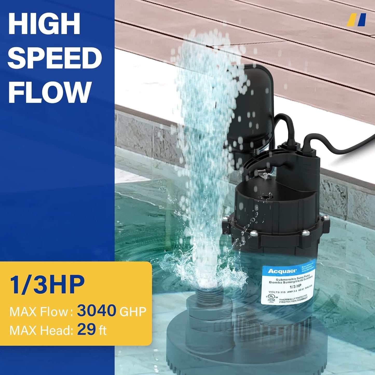1/3 HP Submersible Sump Pump - 3040 GPH with Automatic Float Switch and 10ft Cord - Ideal for Basement, Pool, Pond, Drain, Flooded Cellar, Aquarium, and Irrigation - Acquaer