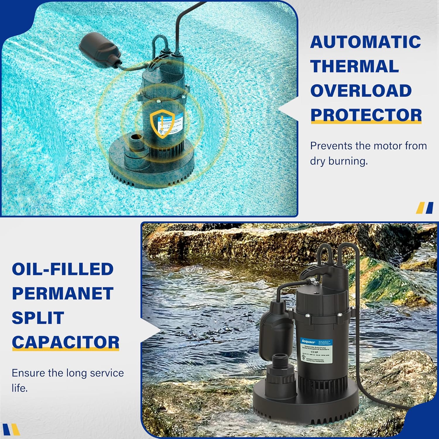 1/3 HP Submersible Sump Pump - 3040 GPH with Automatic Float Switch and 10ft Cord - Ideal for Basement, Pool, Pond, Drain, Flooded Cellar, Aquarium, and Irrigation - Acquaer