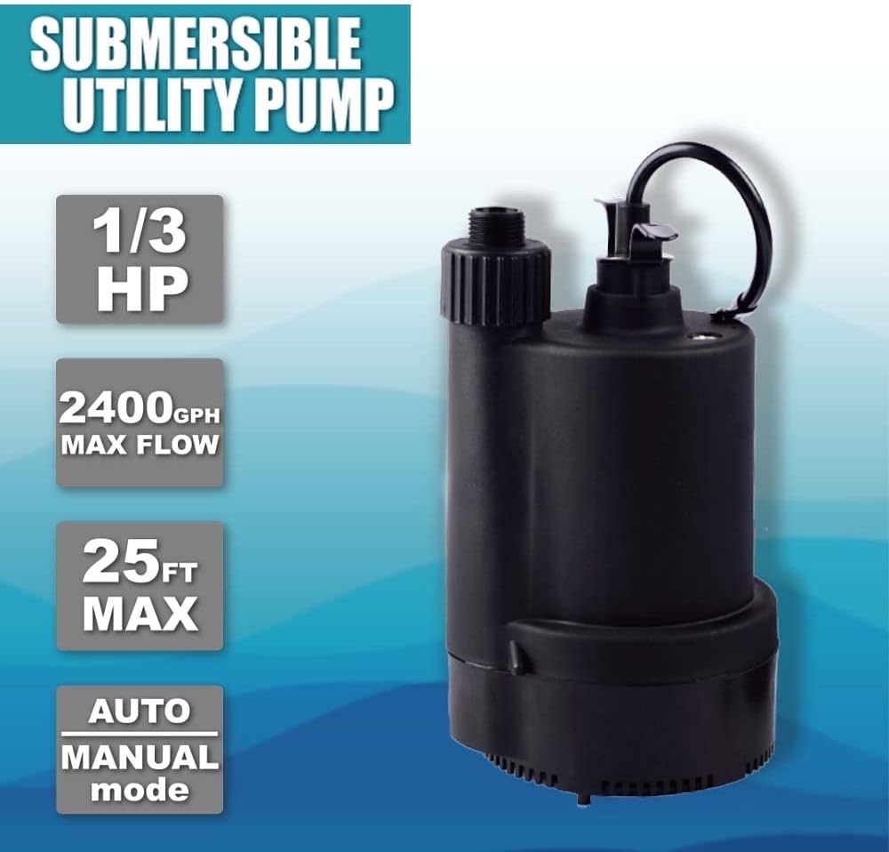 1/3 HP Submersible Water Pump 2400GPH for Swimming Pools, Ponds, Gardens, and Basements - Electric Utility Pump with 10 ft Cord - FangFarm Black
