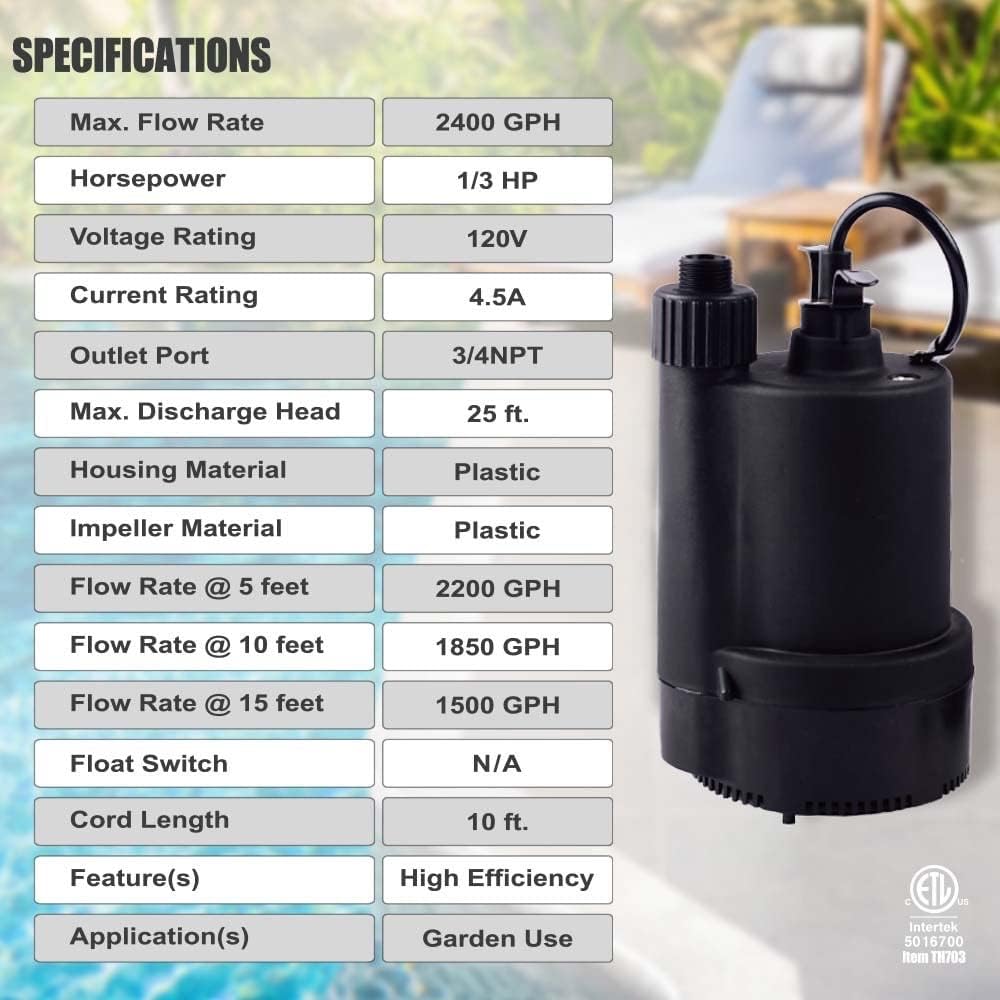 1/3 HP Submersible Water Pump 2400GPH for Swimming Pools, Ponds, Gardens, and Basements - Electric Utility Pump with 10 ft Cord - FangFarm Black