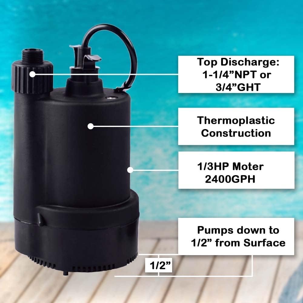 1/3 HP Submersible Water Pump 2400GPH for Swimming Pools, Ponds, Gardens, and Basements - Electric Utility Pump with 10 ft Cord - FangFarm Black
