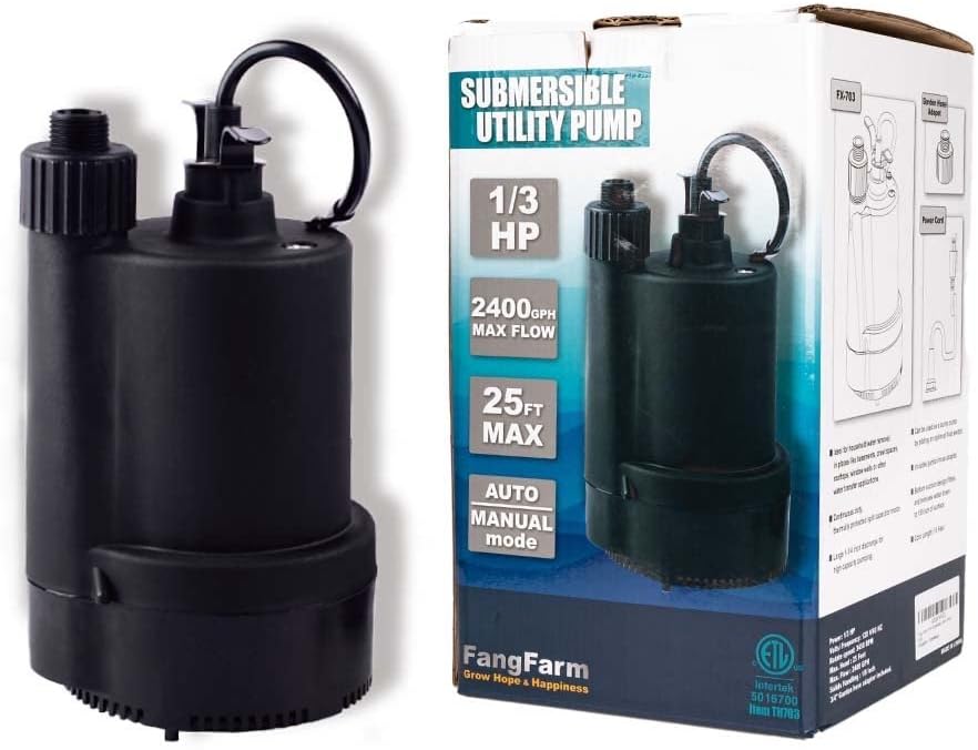 1/3 HP Submersible Water Pump 2400GPH for Swimming Pools, Ponds, Gardens, and Basements - Electric Utility Pump with 10 ft Cord - FangFarm Black