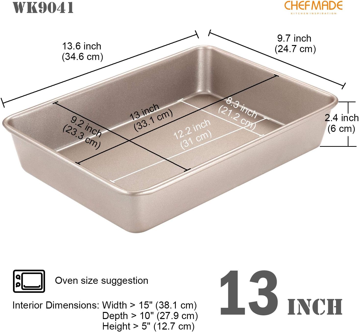 13-Inch ChefMade Rectangle Cake Pan with Non-Stick Coating for Baking Bread, Pizzas, and Pastries - Champagne Gold