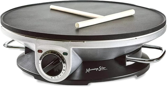 13 Inch Morning Star Electric Crepe Maker - Nonstick Multi-Function Tortilla Machine for Crepes, Pancakes & Roti - Includes Wooden Spatula & Batter Spreader - Perfect Valentines Gift.